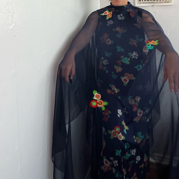 Vintage 70’s I. Magnin / Floral Maxi Dress with Chiffon Overlay - Picture 3 of 8